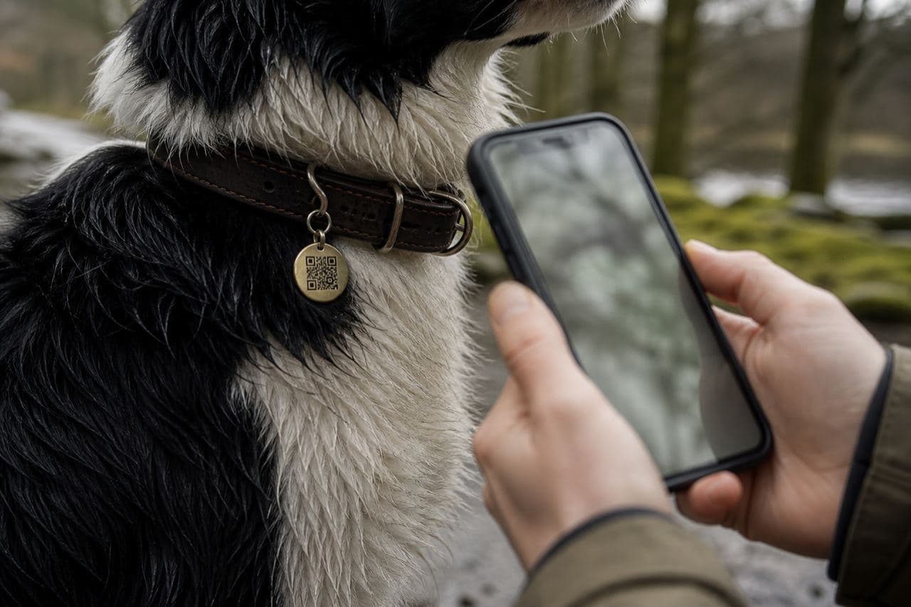 Hands scanning an eBionix Pets collar tag outdoors in soft Scottish light